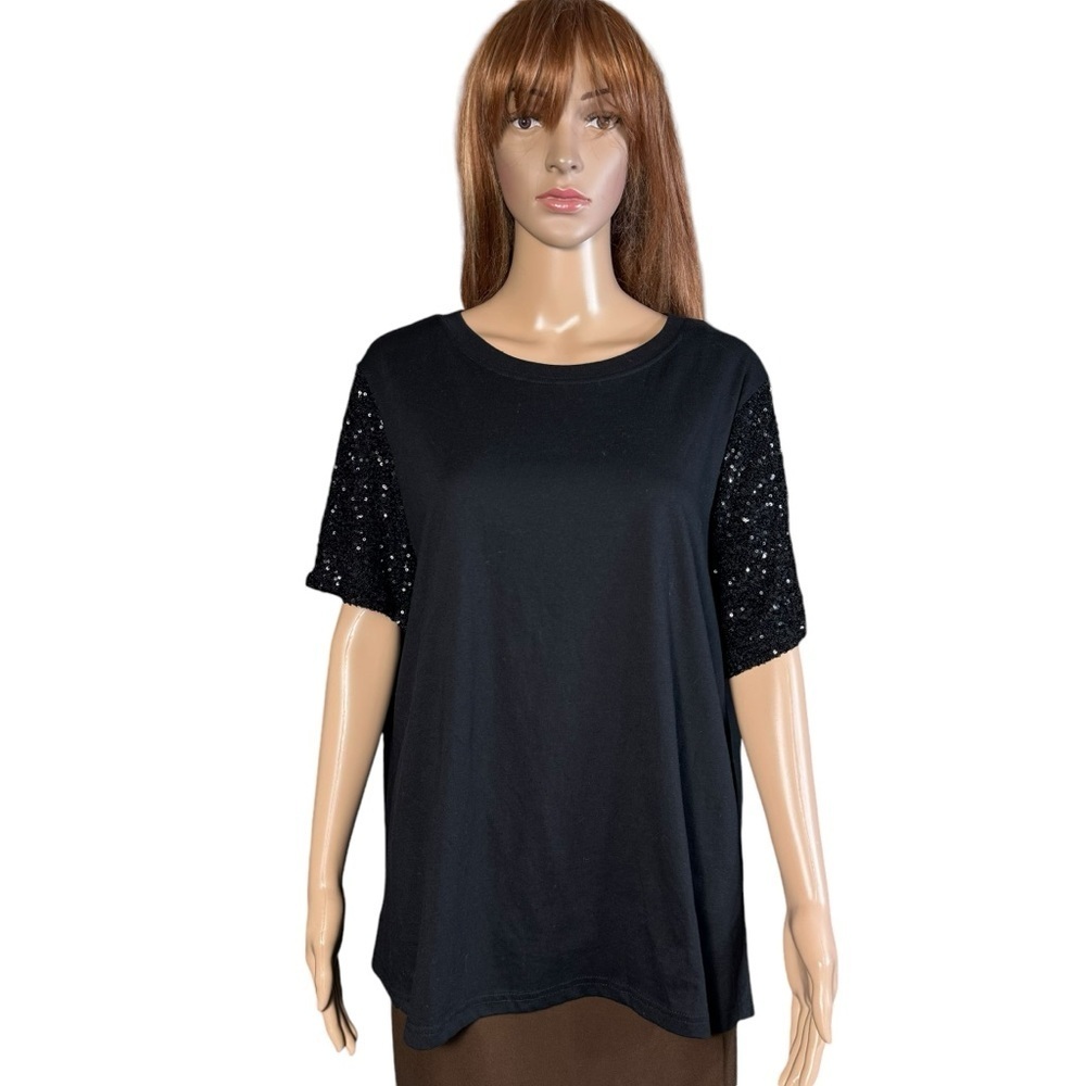 New Rebecca Minkoff Sequin Short Sleeve Black Tee Size 2X